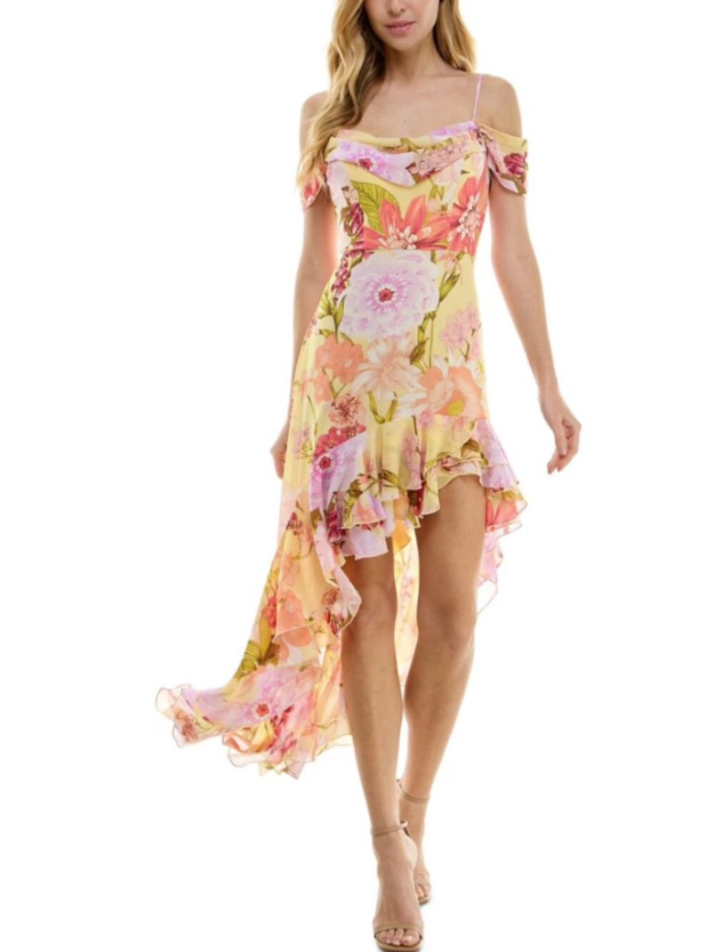 CITY STUDIO Brand New Dress Chiffon Floral Print Asymmetrical Ruffled Hem size L